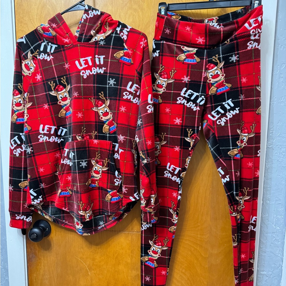 Red Plaid Reindeer Hoodie and Leggings Set